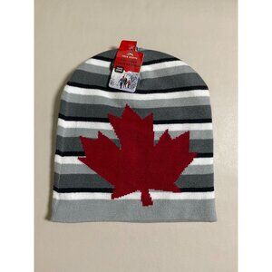 New True North Youth Knit Beanie Tuque Gray Striped Red Maple Leaf OS